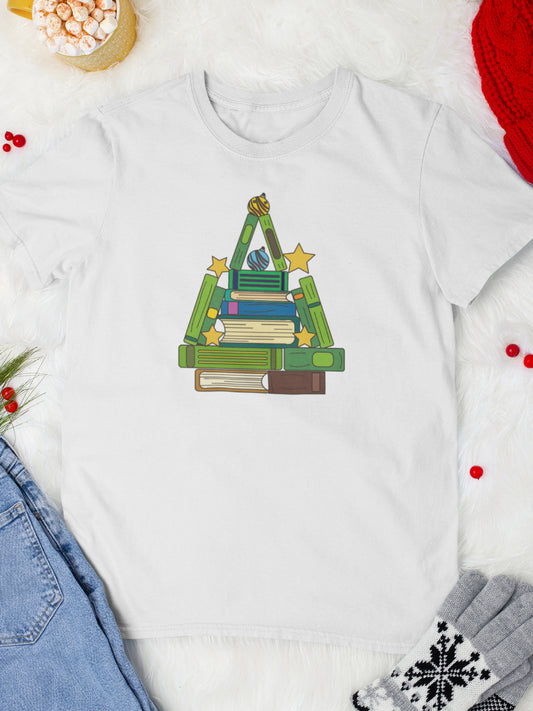     tricou_bumbac_organic_premium_vegan_cadou_Craciun_Secret_Santa_barbati_unisex_alb_christmas_book_tree