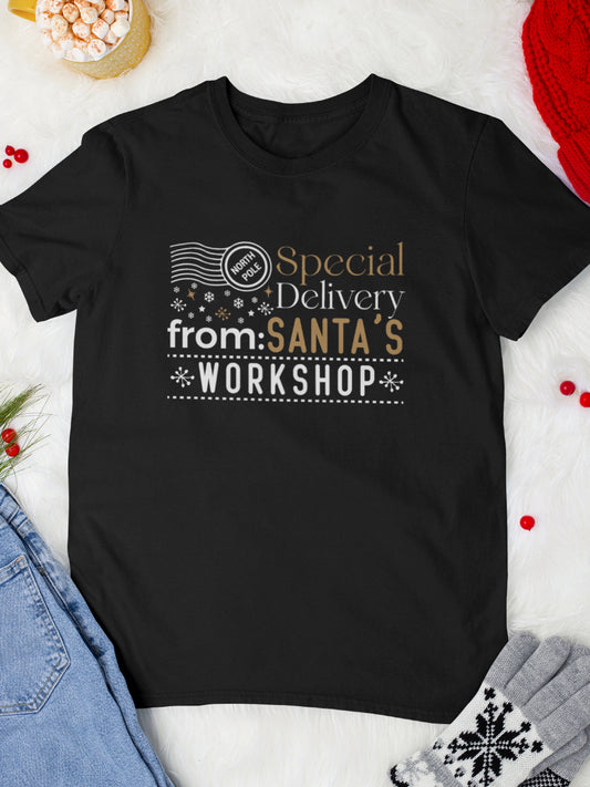 tricou_bumbac_organic_premium_vegan_cadou_Craciun_Secret_Santa_barbati_unisex_negru_special_delivery_from_santa_workshop