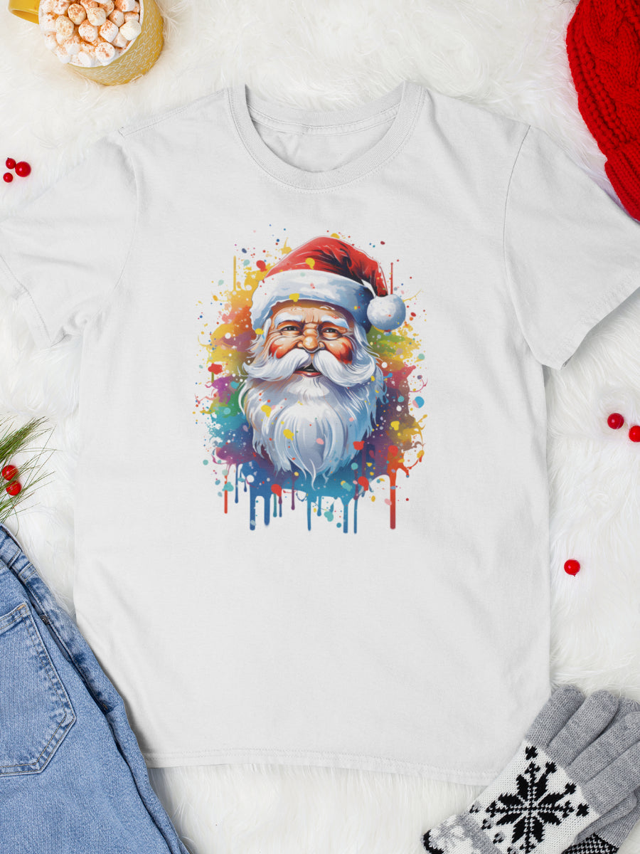 tricou_bumbac_organic_premium_vegan_cadou_Craciun_Secret_Santa_barbati_unisex_rainbow_Santa_alb