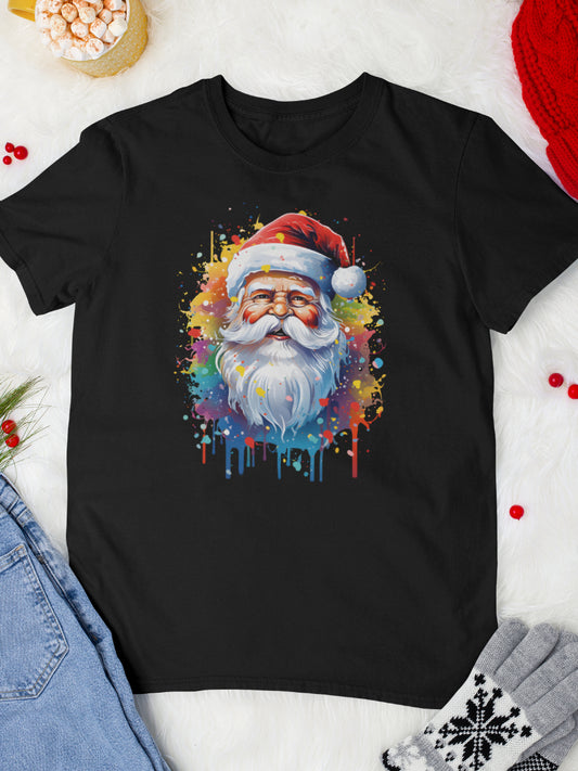     tricou_bumbac_organic_premium_vegan_cadou_Craciun_Secret_Santa_barbati_unisex_rainbow_Santa_negru