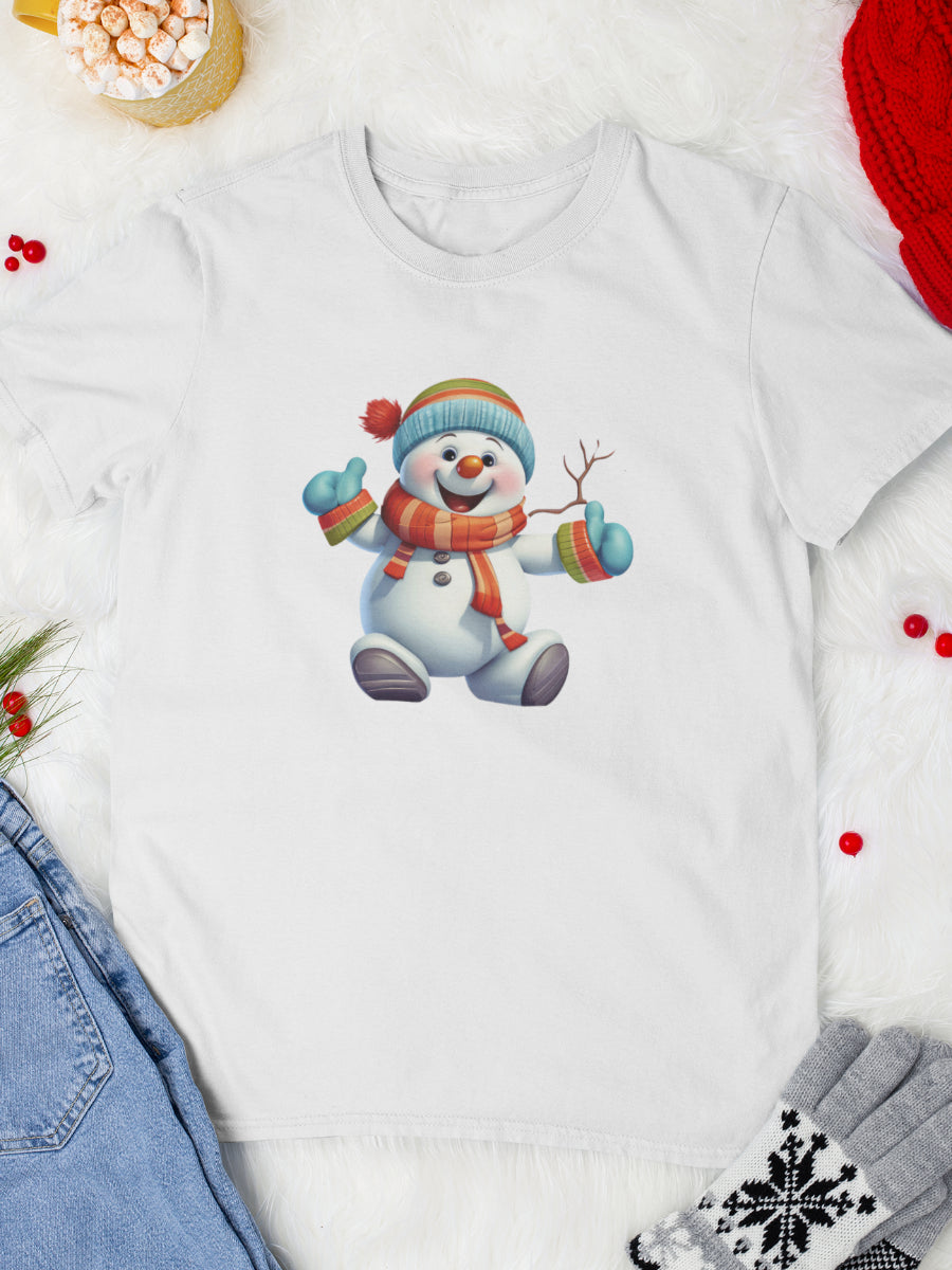   tricou_bumbac_organic_premium_vegan_cadou_Craciun_Secret_Santa_barbati_unisex_smiling_snowman_alb