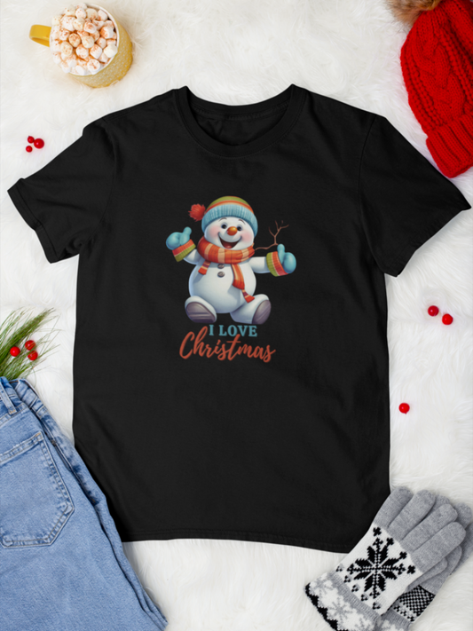 tricou_bumbac_organic_premium_vegan_cadou_Craciun_Secret_Santa_barbati_unisex_smiling_snowman_negru_i_love_christmas