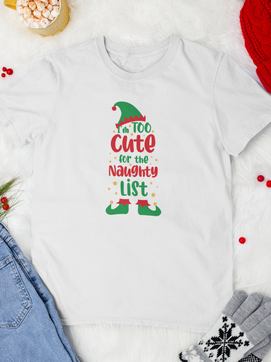 tricou_bumbac_organic_premium_vegan_cadou_Craciun_Secret_Santa_barbati_unisex_too_cute_for_the_naughty_list_alb