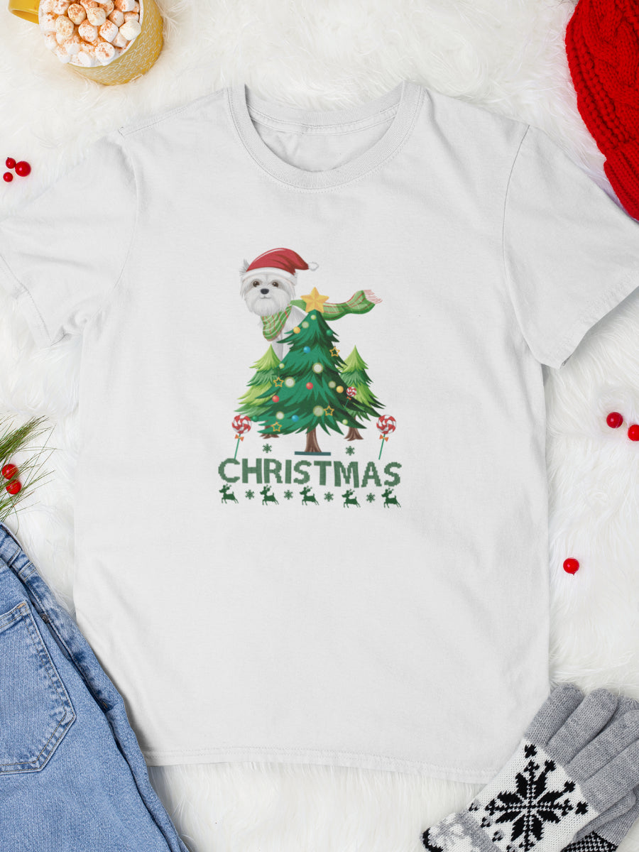     tricou_bumbac_organic_premium_vegan_cadou_Craciun_Secret_Santa_doggy-Christmas-alb-unisex-barbati_caine_catel