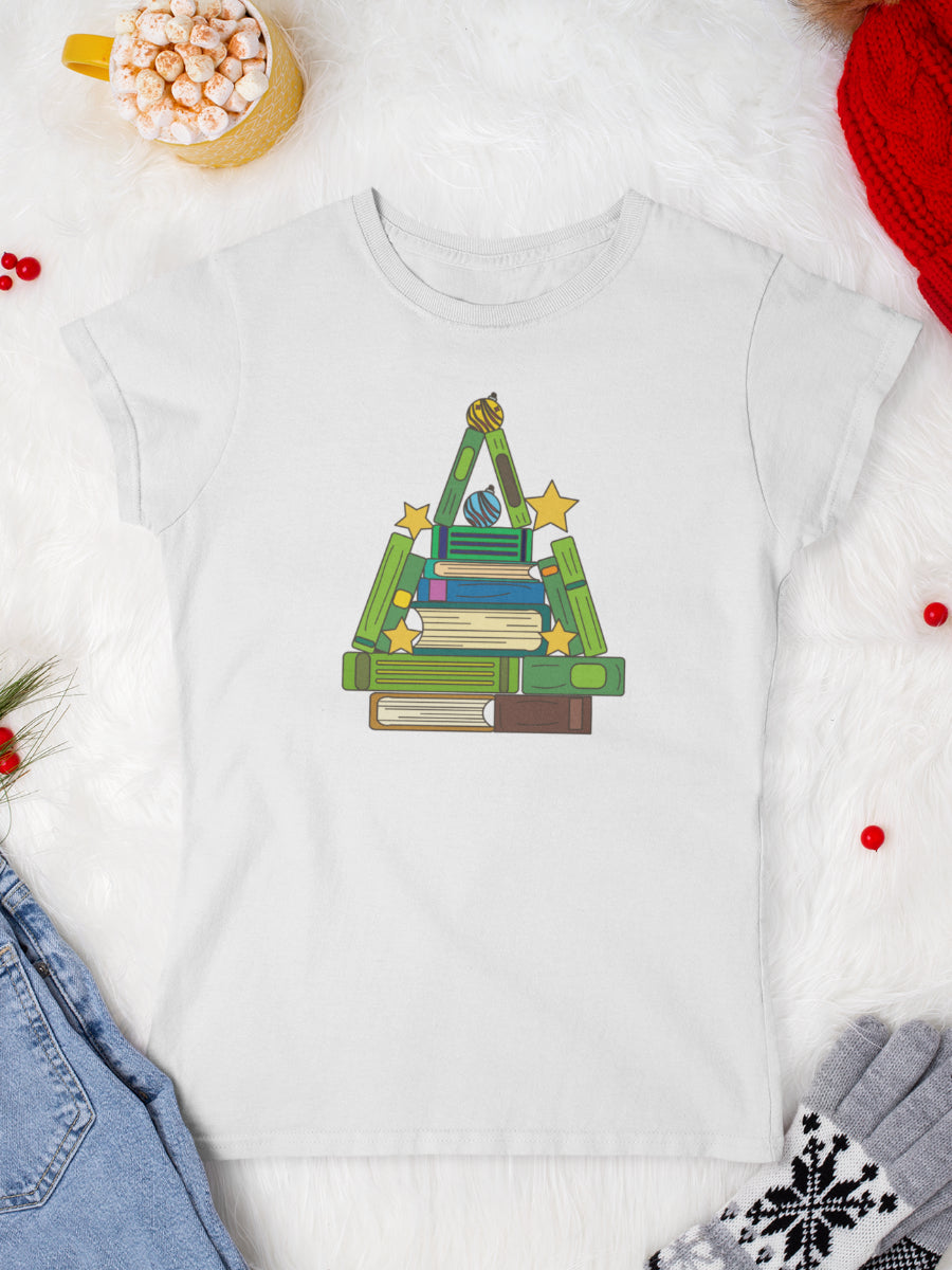     tricou_bumbac_organic_premium_vegan_cadou_Craciun_Secret_Santa_femei_alb_christmas_book_tree