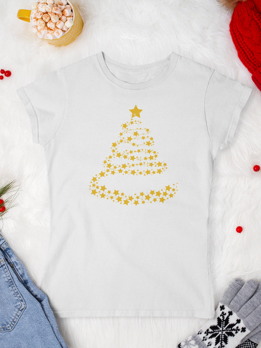 tricou_bumbac_organic_premium_vegan_cadou_Craciun_Secret_Santa_femei_alb_stars_Christmas_tree