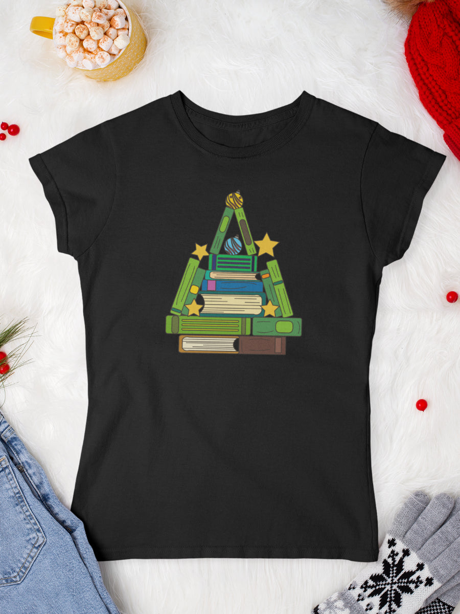    tricou_bumbac_organic_premium_vegan_cadou_Craciun_Secret_Santa_femei_negru_christmas_book_tree