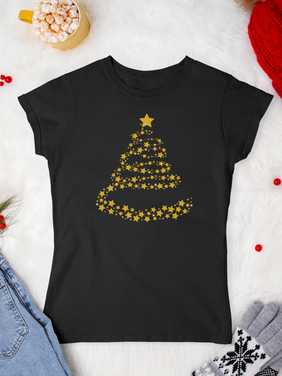     tricou_bumbac_organic_premium_vegan_cadou_Craciun_Secret_Santa_femei_negru_stars_Christmas_tree