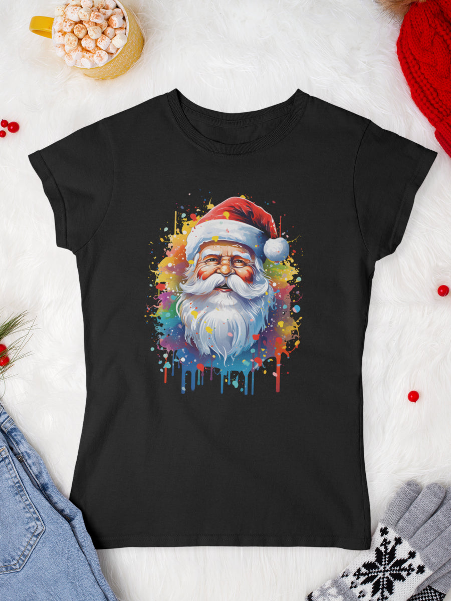 tricou_bumbac_organic_premium_vegan_cadou_Craciun_Secret_Santa_femei_raibow_Santa_negru