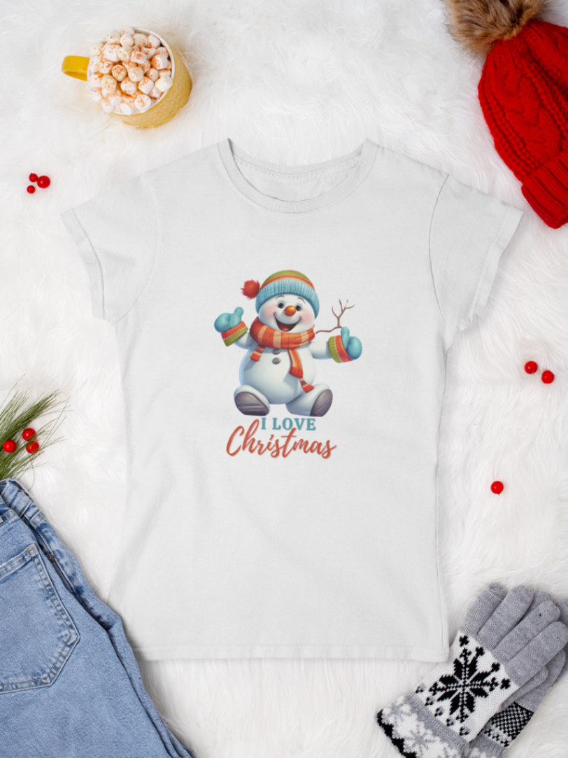 tricou_bumbac_organic_premium_vegan_cadou_Craciun_Secret_Santa_femei_smiling_snowman_alb_i_love_christmas