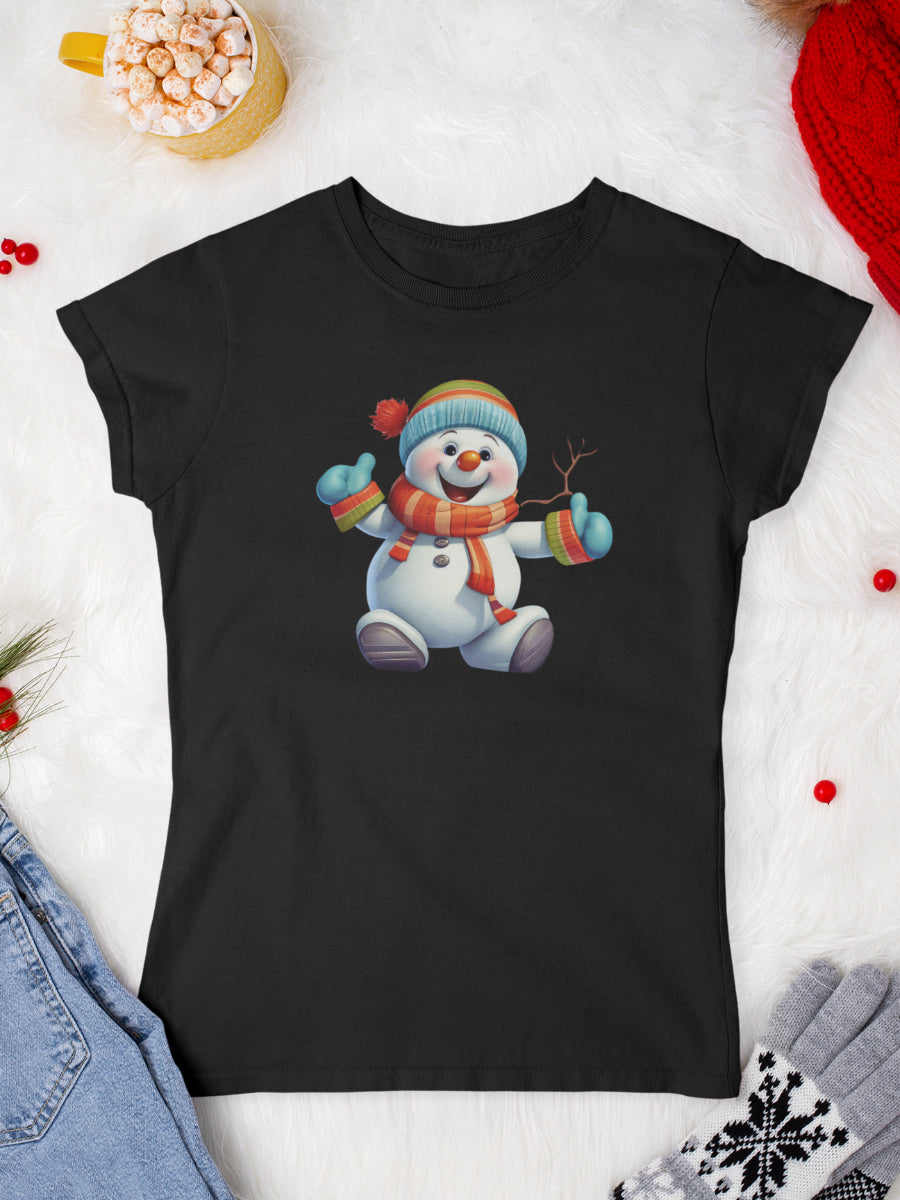     tricou_bumbac_organic_premium_vegan_cadou_Craciun_Secret_Santa_femei_smiling_snowman_negru