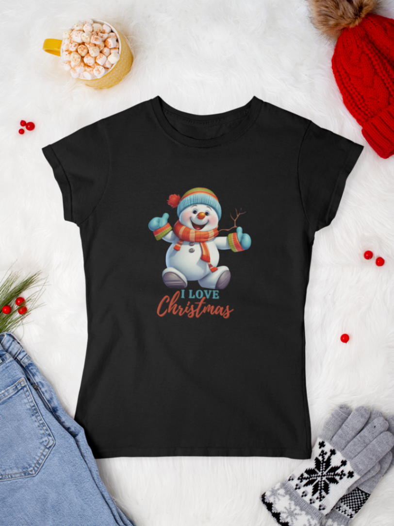 tricou_bumbac_organic_premium_vegan_cadou_Craciun_Secret_Santa_femei_smiling_snowman_negru_i_love_christmas
