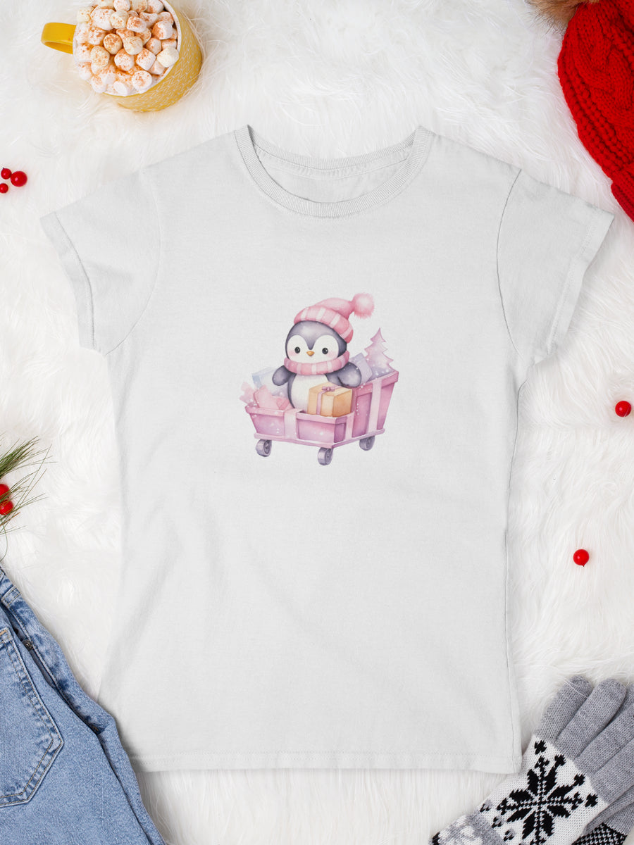     tricou_bumbac_organic_premium_vegan_cadou_Craciun_Secret_Santa_pink-penguin-alb-femei