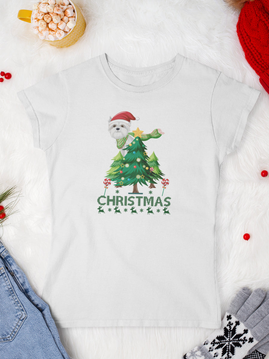    tricou_bumbac_organic_premium_vegan_cadou_Craciun_Secret_Santa_puppy-Christmas-alb-femei_Caine_Catel