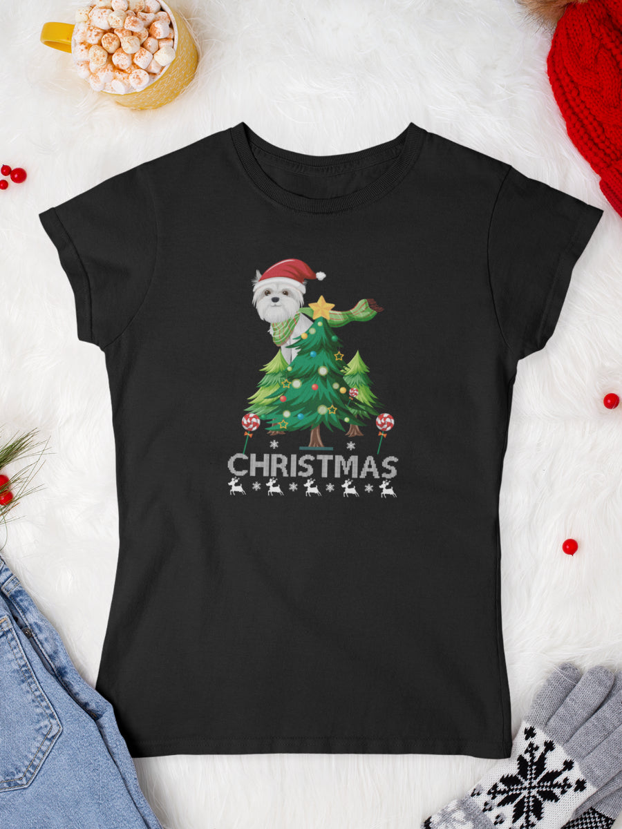 tricou_bumbac_organic_premium_vegan_cadou_Craciun_Secret_Santa_puppy-Christmas-negru-femei_caine_Catel