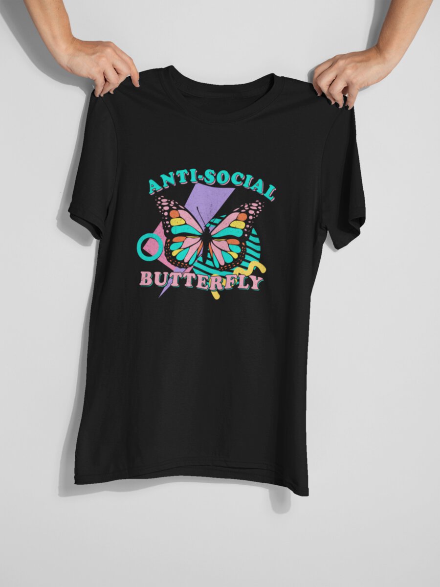 ricou_bumbac_organic_premium_vegan_cadou_hay_creations_nostalgia_anti-social_butterfly_barbati_unisex_negru