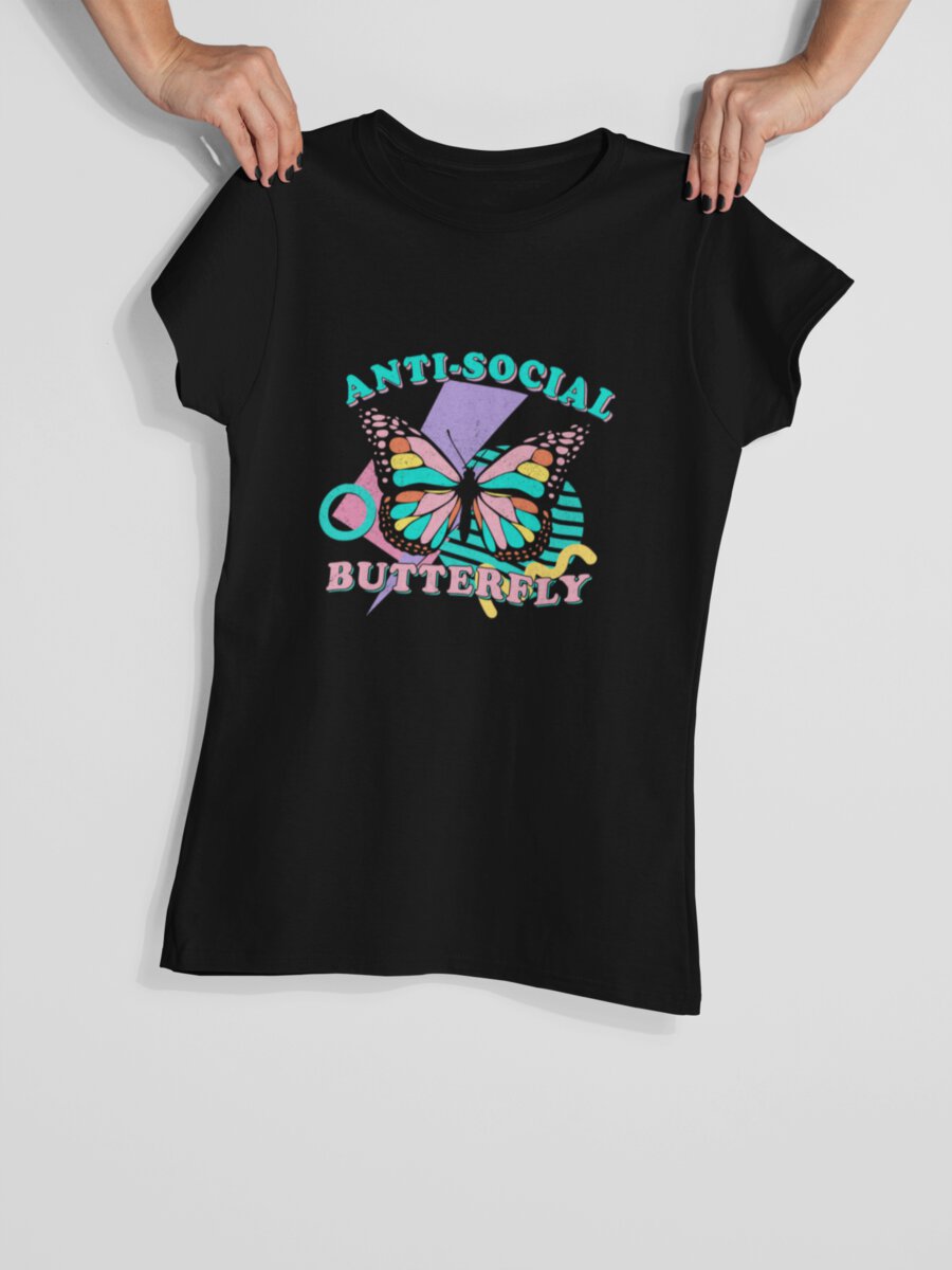 tricou_bumbac_organic_premium_vegan_cadou_hay_creations_nostalgia_anti-social_butterfly_femei_negru
