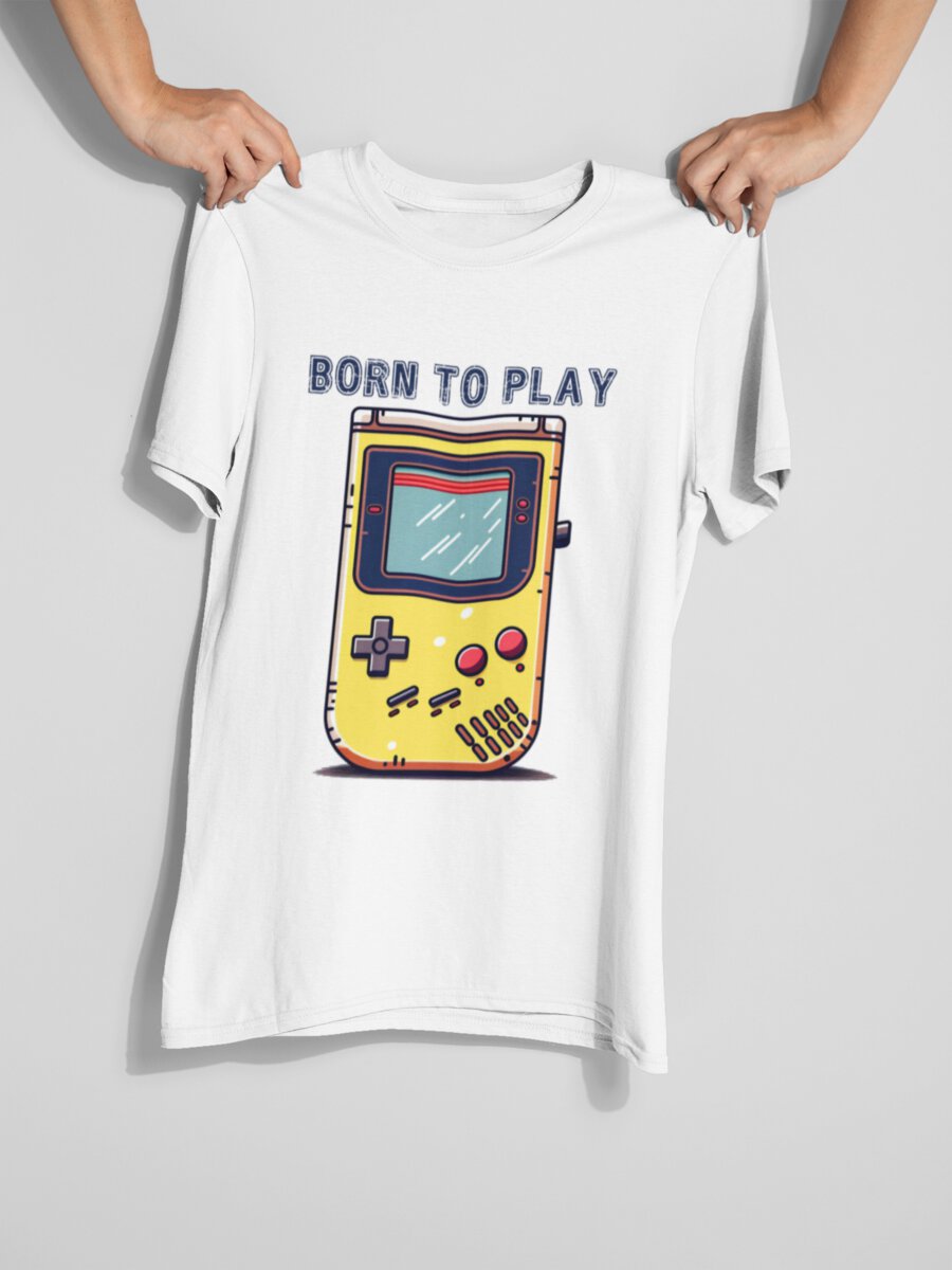 tricou_bumbac_organic_premium_vegan_cadou_hay_creations_nostalgia_born_to_play_barbati_unisex_alb