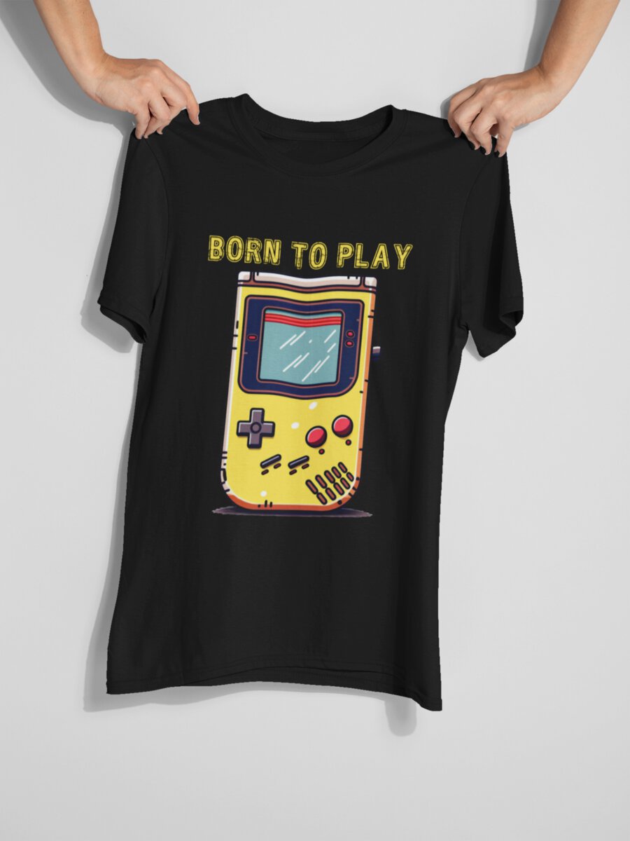 tricou_bumbac_organic_premium_vegan_cadou_hay_creations_nostalgia_born_to_play_barbati_unisex_negru