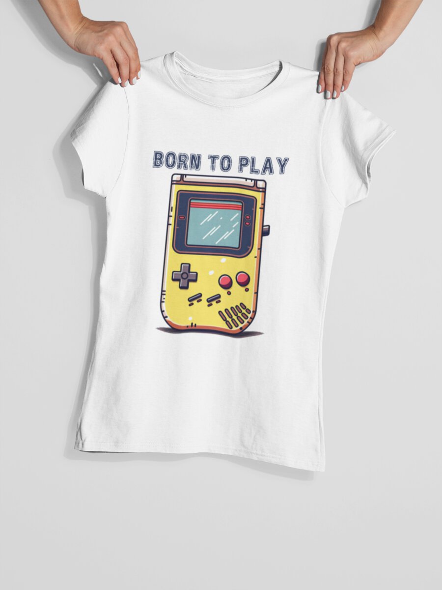 tricou_bumbac_organic_premium_vegan_cadou_hay_creations_nostalgia_born_to_play_femei_alb