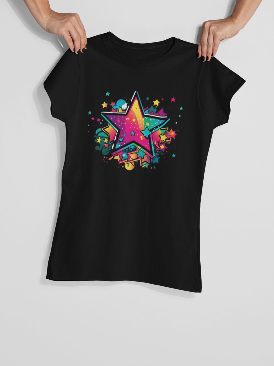 tricou_bumbac_organic_premium_vegan_cadou_hay_creations_nostalgia_star_femei_negru