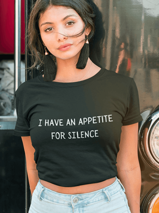 tricou-femei-bumbac-organic-premium-i-have-an-apetite-for-silence-hay-creations-negru-colectia-hater